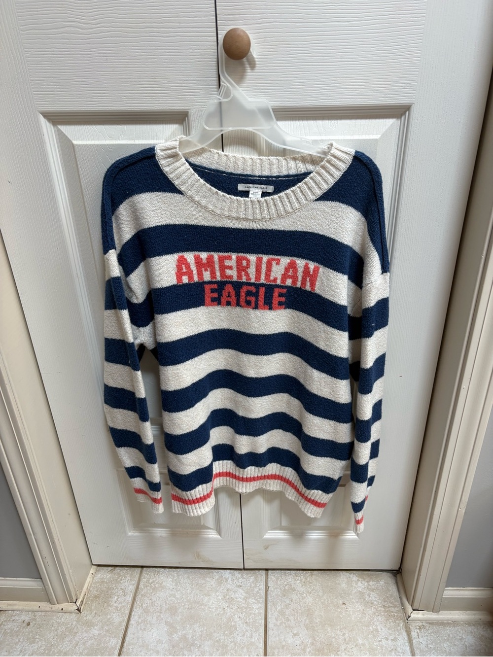 American Eagle Outfitters Navy & Cream Striped Crewneck Sweater with Red Logo
